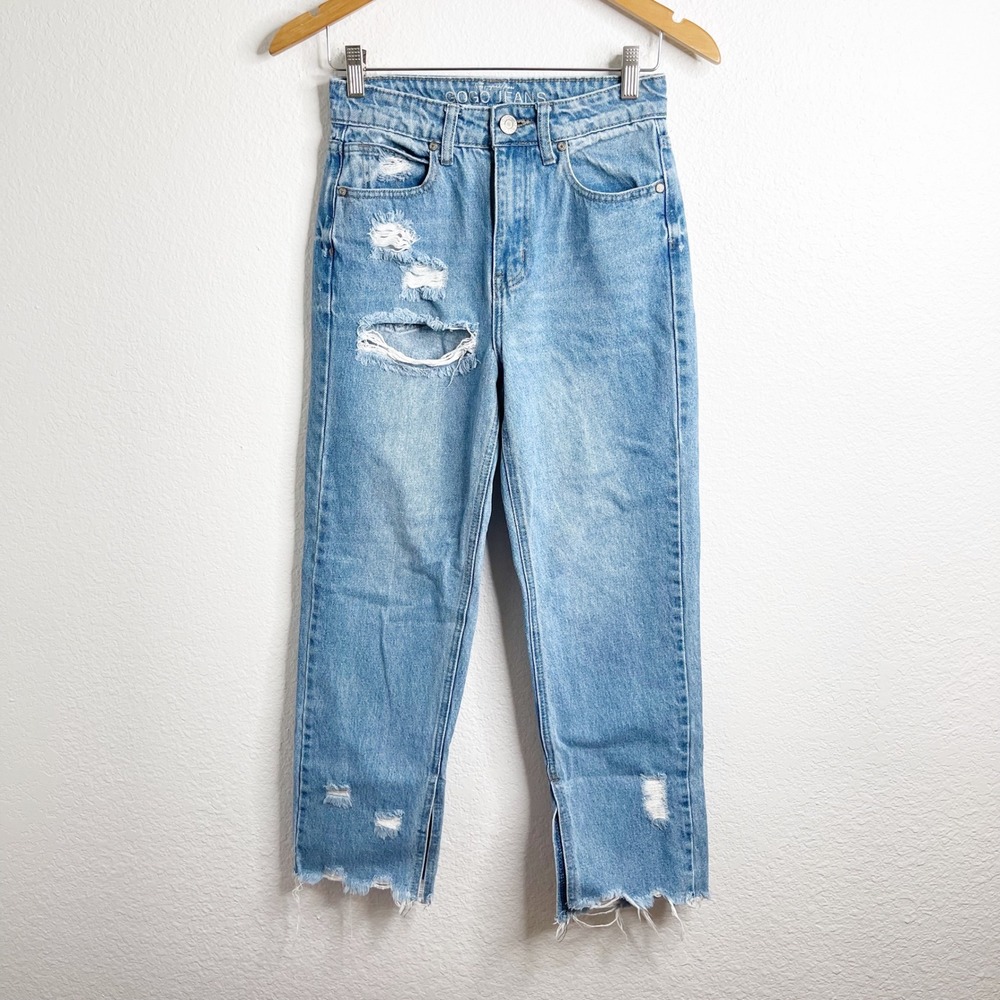 GOGO JEANS Womens Light Wash Distressed High Rise Straight Leg Jeans Size 1/25